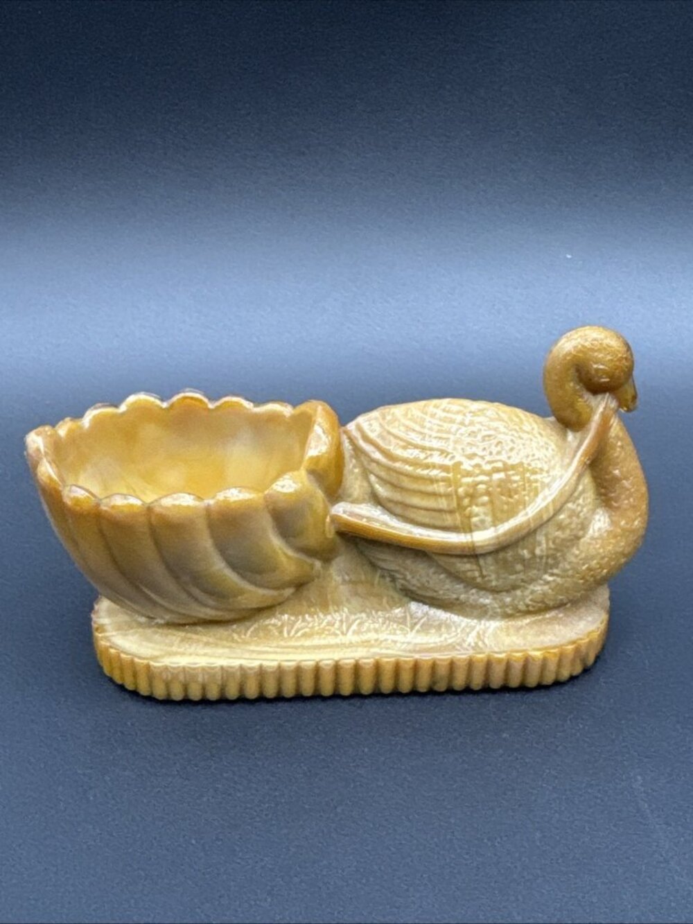Vintage St Clair Chocolate Carmel Slag Glass Swan Shell Cart Salt Cellar Trinket